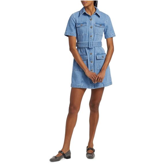 Toccin Lydia Denim Minidress Light Wash Size 2 NEW Short Sleeve Belted - Picture 1 of 10